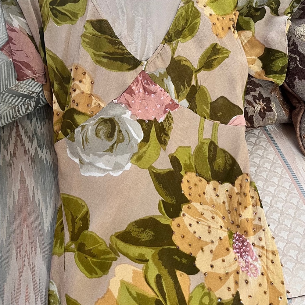 Papillon Blanc Asymmetrical Dress - Green and Pink Floral-excellent condition!